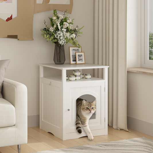 Cat Litter Box Enclosure Furniture, Indoor Wooden Cat House With Enclosed Cabinet, Hidden Litter Box Furniture With Storage Shelf, Modern Cat Condo Side Table For Living Room Or Bedroom White